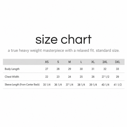 A size chart table showing body length, chest width, and sleeve length measurements from XS to 3XL for a relaxed fit garment.