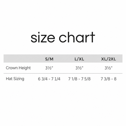 A size chart table showing crown height and hat sizing for S/M, L/XL, and XL/2L sizes on a white background.
