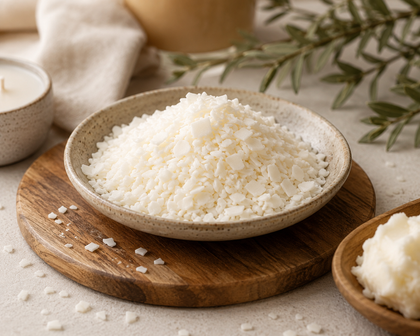 Bowl of white powder on a wooden board with a neutral background