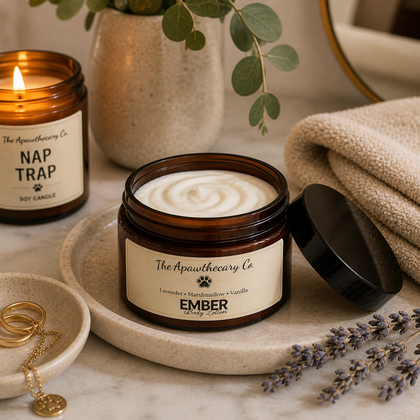Velvet & Ember - Body Lotion – Lightweight Moisturizer for Dry Skin in a jar with lavender and marshmallow scent.