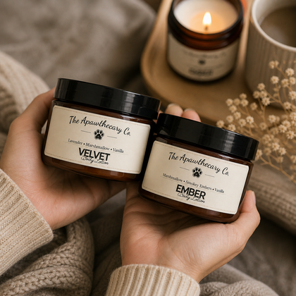 Velvet & Ember - Body Lotion – Lightweight Moisturizer for Dry Skin jars held in hands with candle in background.