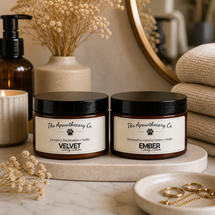 Velvet & Ember - Body Lotion – Lightweight Moisturizer for Dry Skin beside decorative elements and candles.