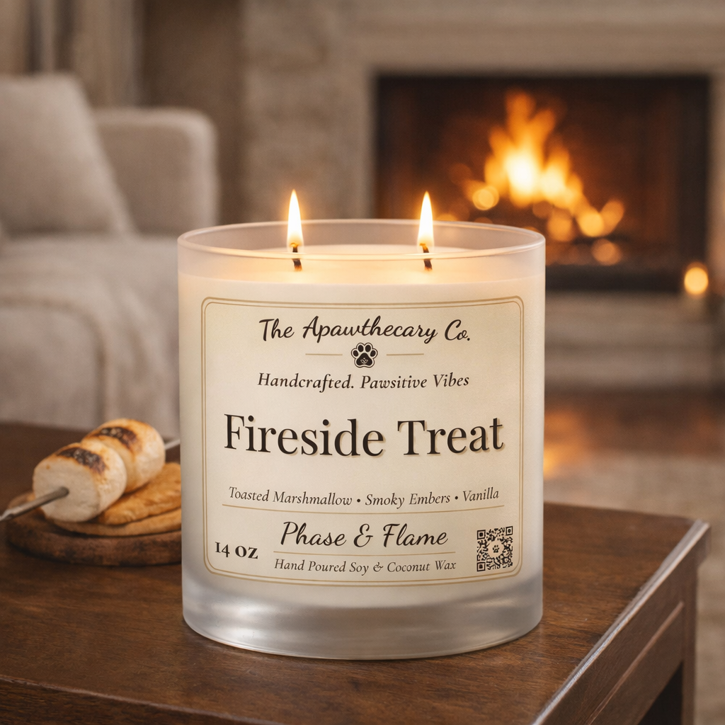 Frosted candle labeled 'Fireside Treat' by The Apothecary Co. on a wooden table with a fireplace in the background.