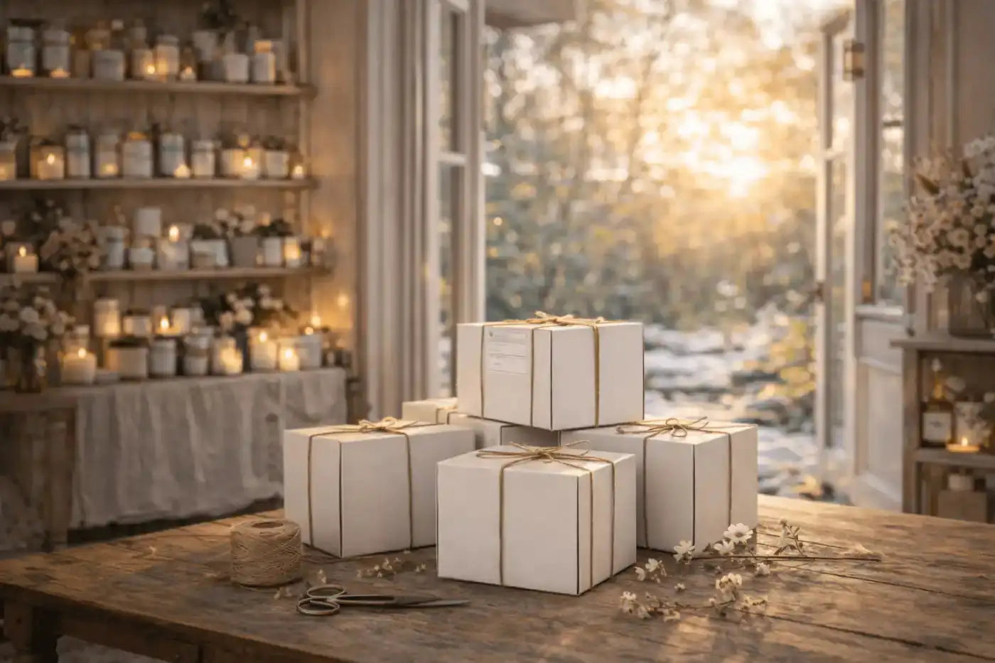 Stack of gift boxes on a wooden table with a scenic background