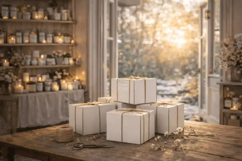 Stack of gift boxes on a wooden table with a scenic background