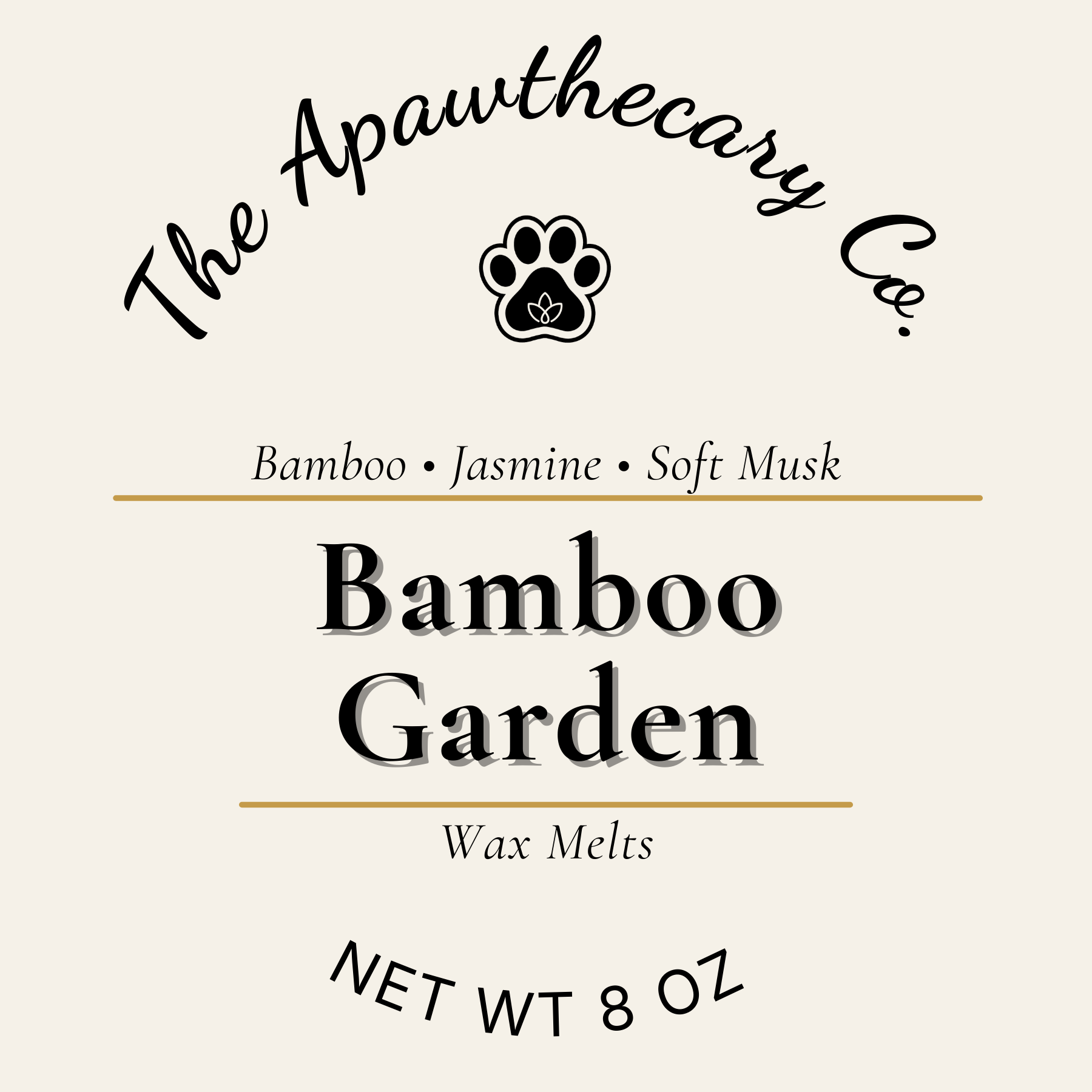 Label for 'Bamboo Garden' wax melts by The Apawthecary Co. with a paw print logo.