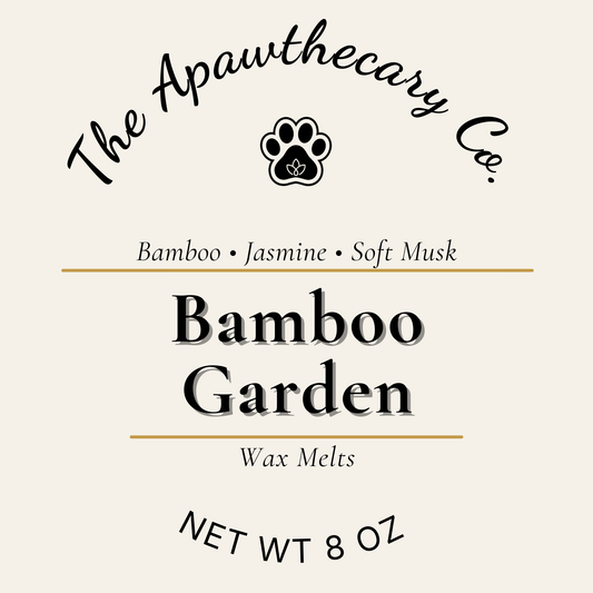Label for 'Bamboo Garden' wax melts by The Apawthecary Co. with a paw print logo.