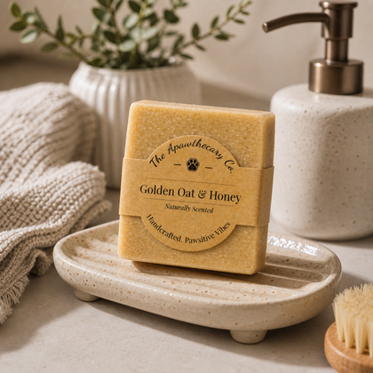 Golden Oat & Honey - Luxury Cold Process Soap - Natural Oat & Honey on a soap dish with a natural decor.