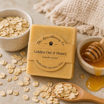 Golden Oat & Honey - Luxury Cold Process Soap - Natural Oat & Honey with oats and honey dipper on a countertop.