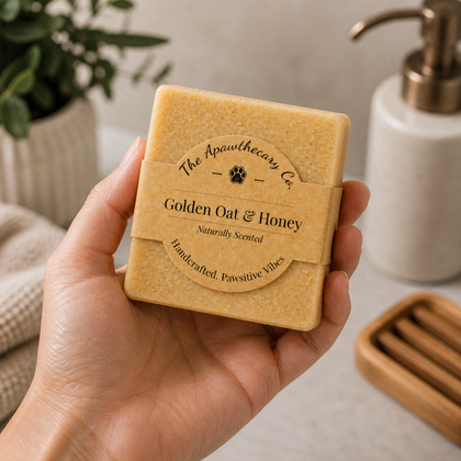 Golden Oat & Honey - Luxury Cold Process Soap - Natural Oat & Honey in a hand, beautifully wrapped with a label.