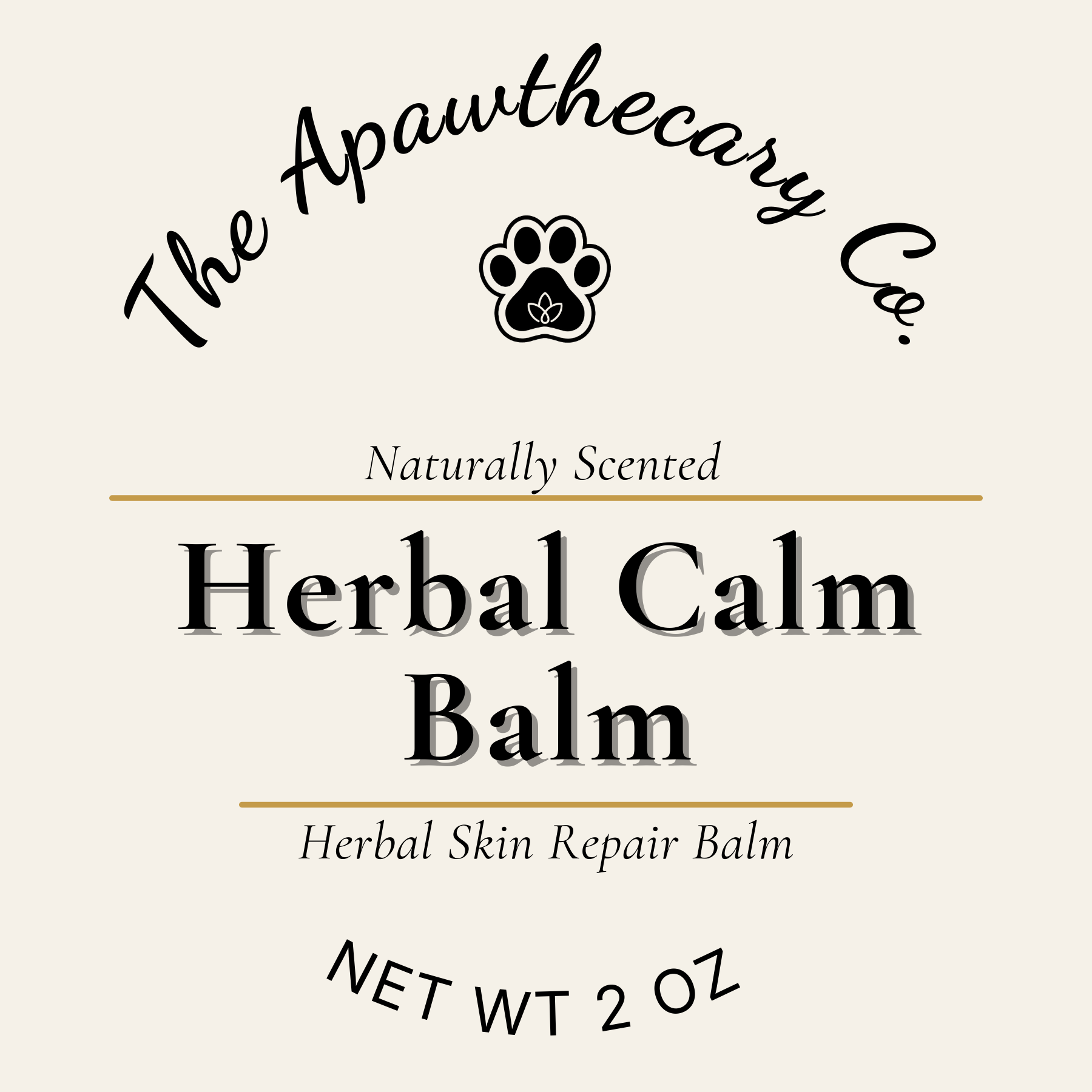 Label for The Apawthecary Co. Herbal Calm Balm on a beige background