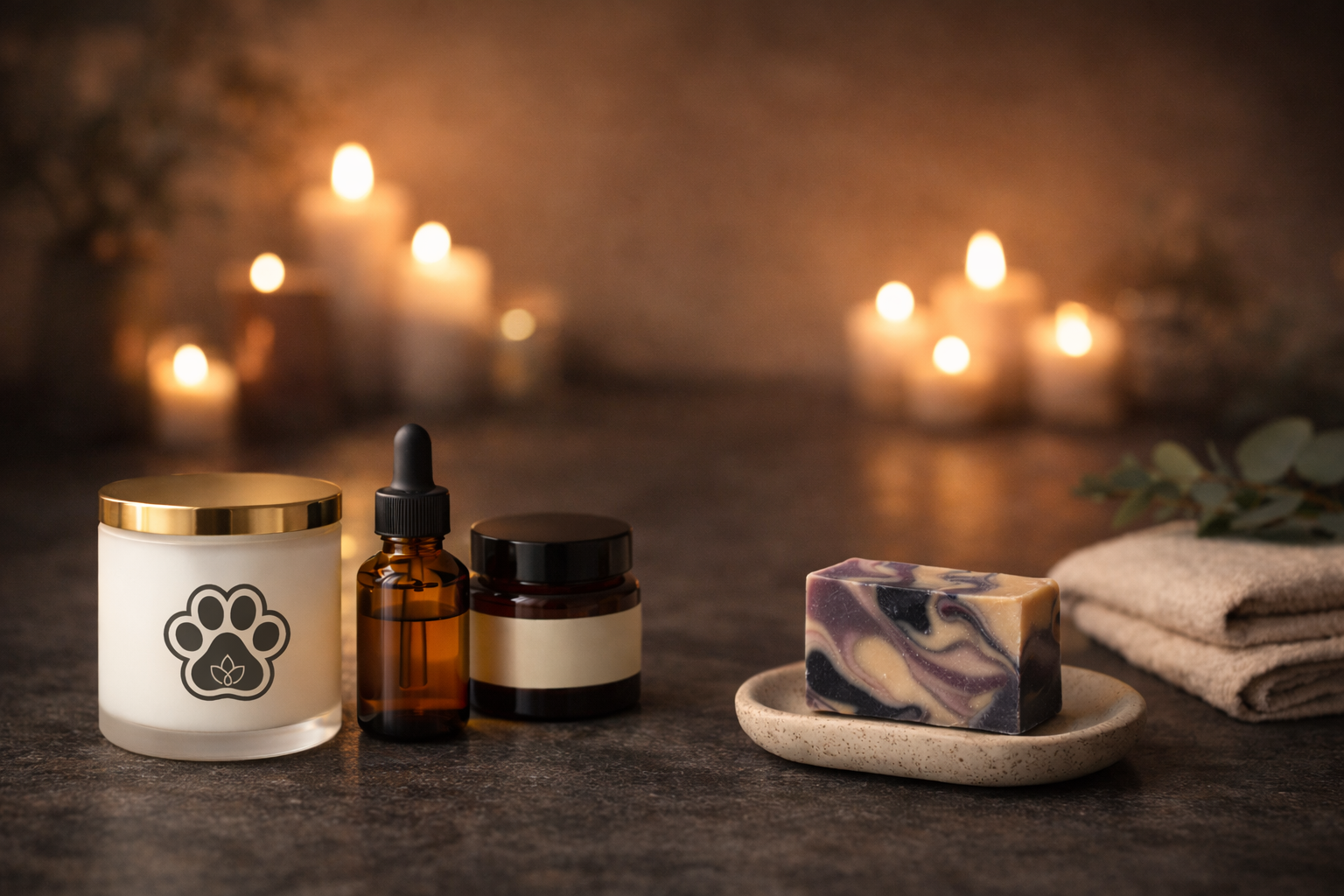 Candle, bottles, soap, and towel on a dark surface with blurred candles in the background