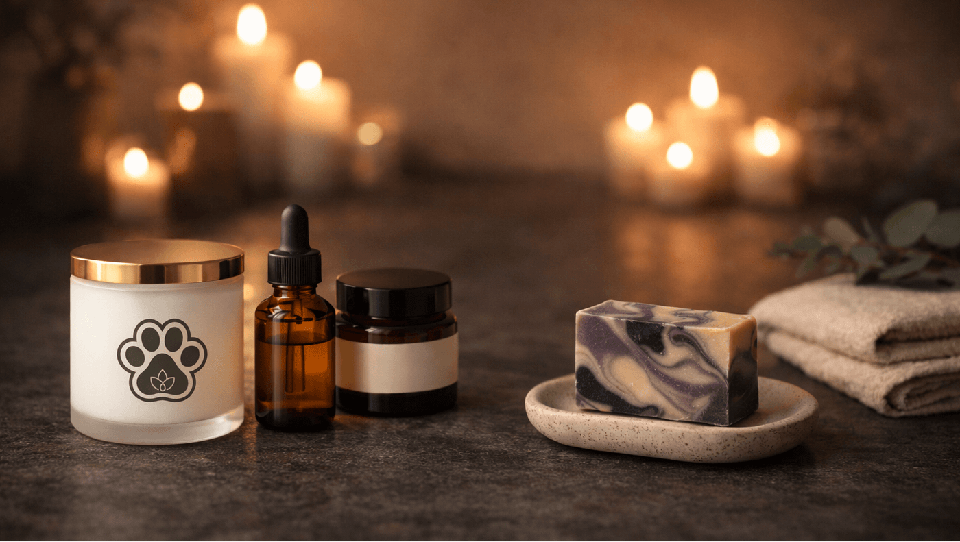 Handcrafted body care, tea, and home fragrance arranged for a simple routine