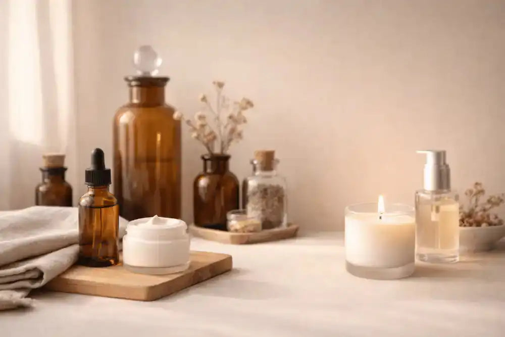 A collection of skincare products including bottles, a candle, and a bowl on a neutral background.