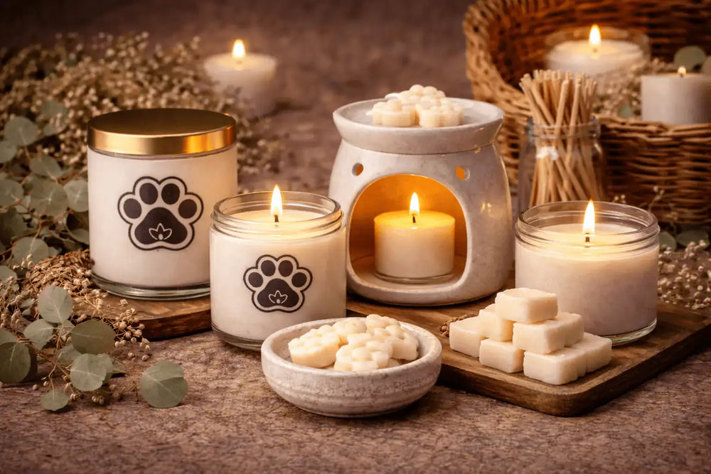 Handcrafted candles styled in a calm neutral home setting