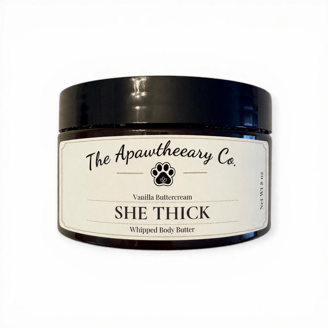 Jar of 'She Thick' whipped body butter from The Apawtheery Co. on a white background