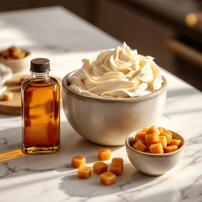 Bowl of whipped cream with a bottle of syrup and small bowls of caramel pieces on a marble surface.