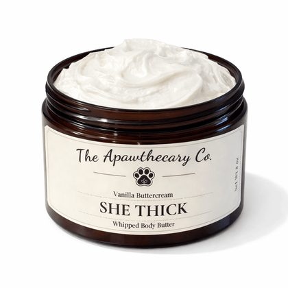 Jar of 'She Thick' whipped body butter from The Apawthecary Co. on a white background