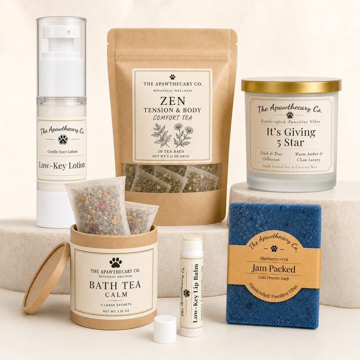 A curated collection of wellness products from The Apothecary Co. arranged on a light beige background.