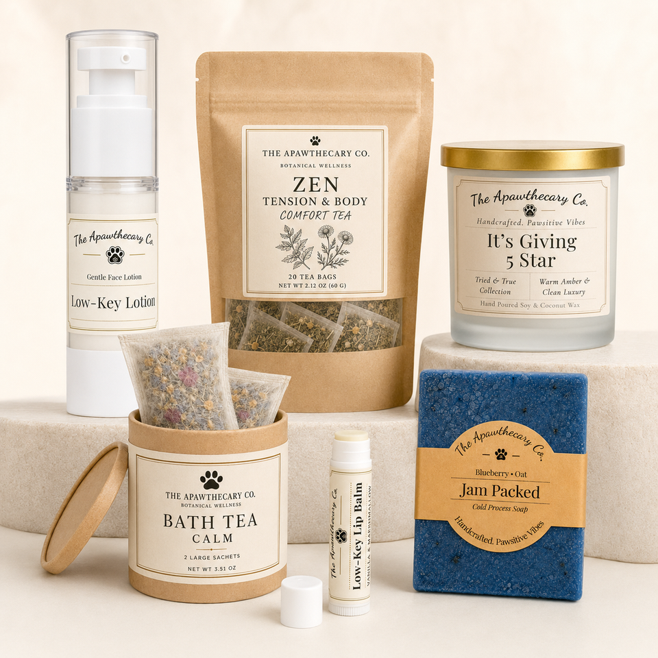 A curated collection of wellness products from The Apothecary Co. arranged on a light beige background.