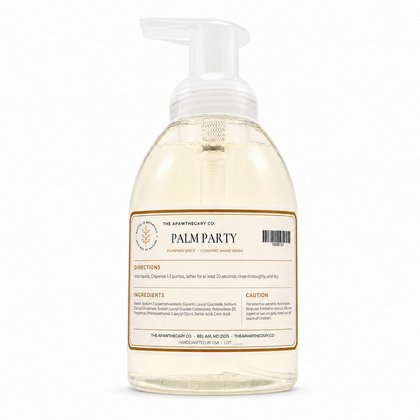 A clear plastic pump bottle of palm party hand wash by The Apothecary Co., filled with a pale yellow liquid, set against a plain white background.
