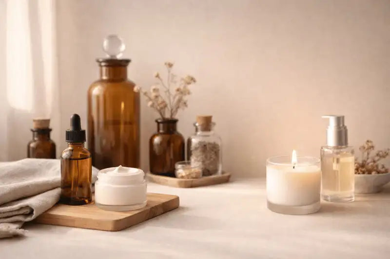 A collection of skincare products including bottles, a candle, and a bowl on a neutral background.