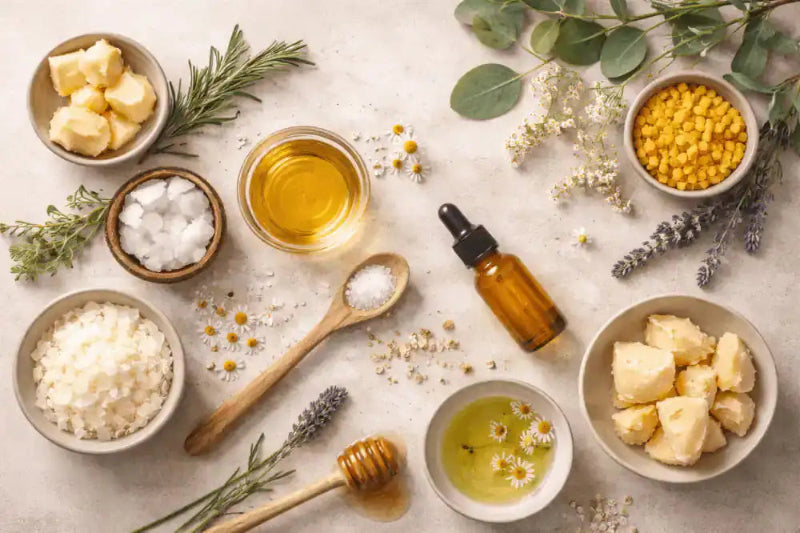 Herbal and natural ingredients including honey, lavender, and herbs on a light surface.