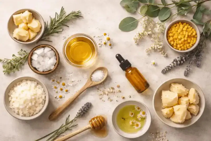 Ingredient still life with oils, botanicals, and handcrafted body care textures