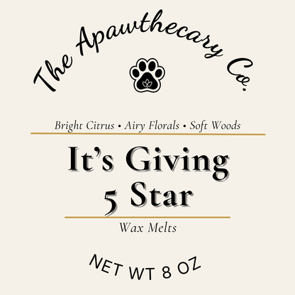 Label for 'It's Giving 5 Star' wax melts by The Apawthecary Co. on a beige background.