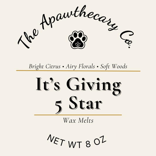 Label for 'It's Giving 5 Star' wax melts by The Apawthecary Co. on a beige background.