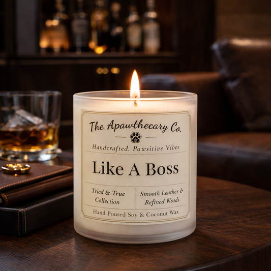 Candle labeled 'Like A Boss' from The Apawthecary Co. on a wooden surface with a blurred bar background.