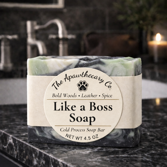 Bar of soap with a label on a marble surface, featuring the brand 'The Apothecary Co.'