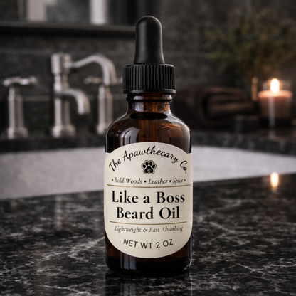 Bottle of 'Like a Boss Beard Oil' on a bathroom counter with a candle in the background.