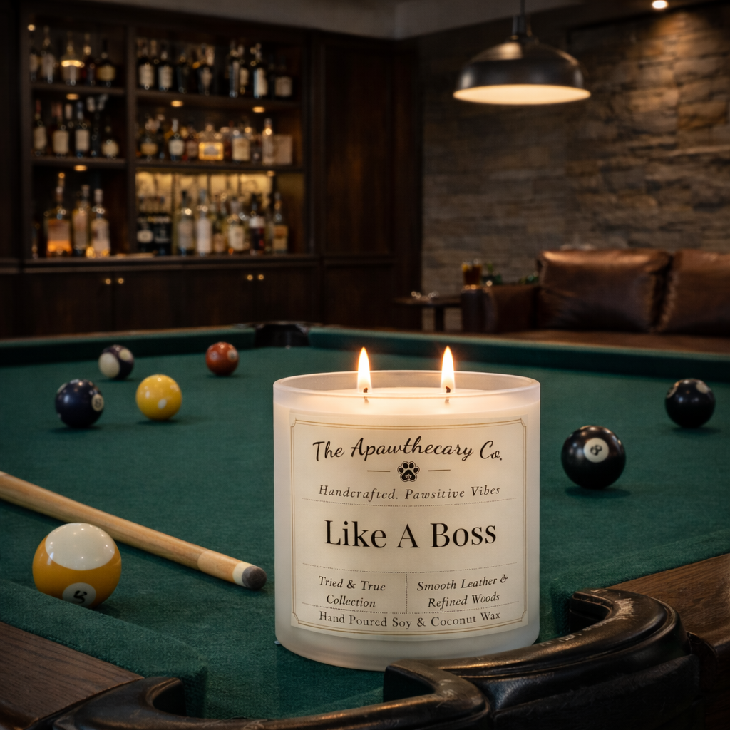 Candle labeled 'Like A Boss' on a pool table with billiard balls and cues.