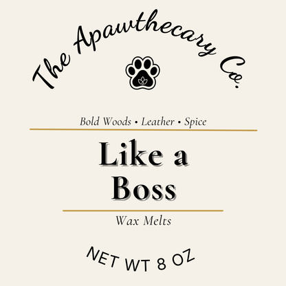Label for 'Like a Boss' wax melts from The Apawthecary Co. with a paw print logo.