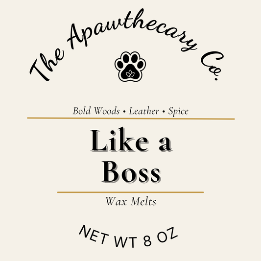 Label for 'Like a Boss' wax melts from The Apawthecary Co. with a paw print logo.