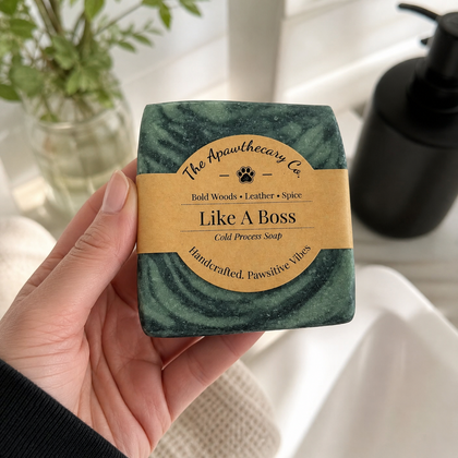 Like A Boss - Luxury Cold Process Soap – Masculine Scented in a hand, showcasing its unique texture and packaging.