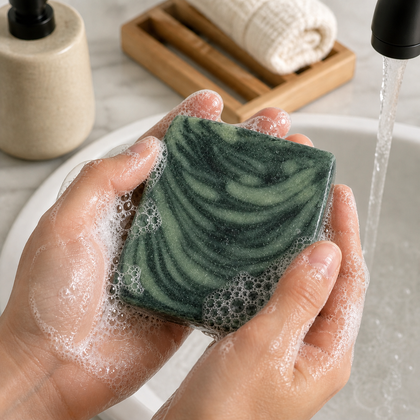 Like A Boss - Luxury Cold Process Soap – Masculine Scented being lathered in hands with bubbles.