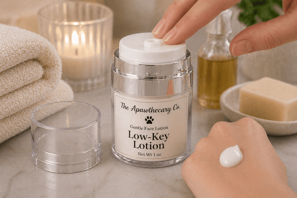 Person applying lotion from a jar labeled 'The Apothecary Co. Low-Key Lotion' on a marble surface with candles and soap in the background.