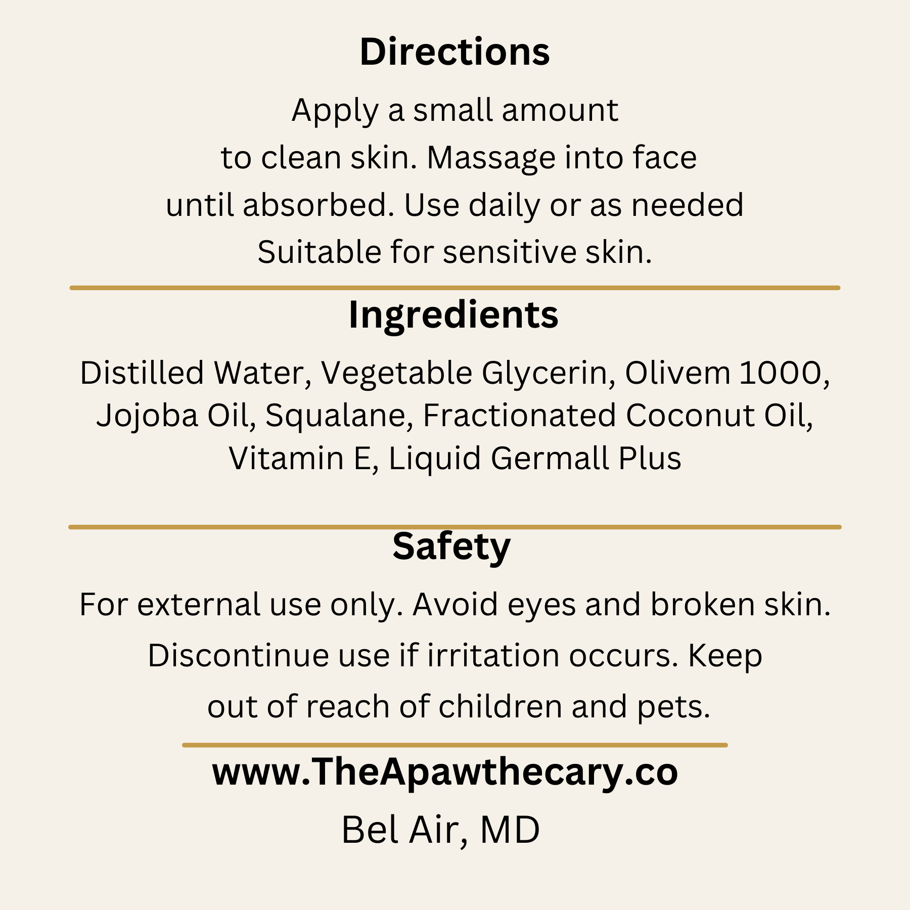 Product label with directions, ingredients, safety information, and branding details.