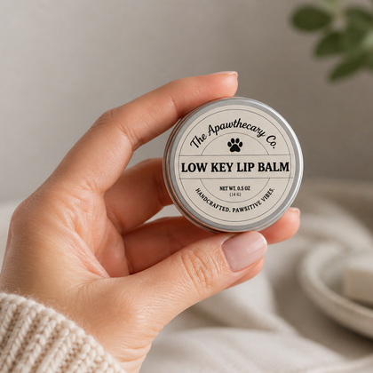 Hand holding a tin of Low-Key Lip Balm - Vanilla & Marshmallow by The Apawthecary Co.