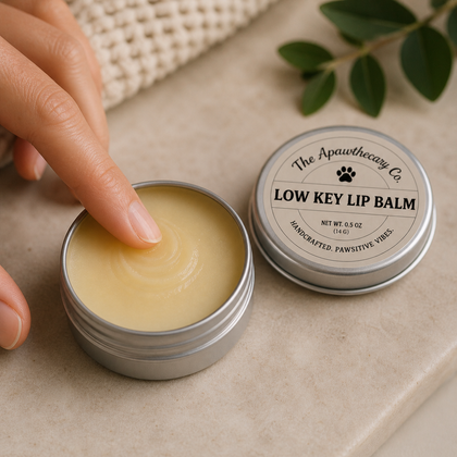 A person using Low-Key Lip Balm - Vanilla & Marshmallow from The Apawthecary Co. in a stylish tin container.