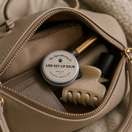 Low-Key Lip Balm - Vanilla & Marshmallow displayed inside a stylish handbag with beauty accessories.