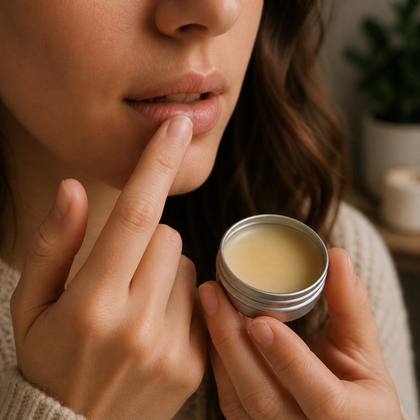 Low-Key Lip Balm - Vanilla & Marshmallow being applied to lips by a woman, showcasing a natural lip care routine.