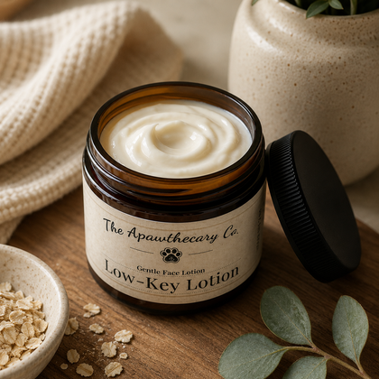 Low-Key Lotion - Unscented Moisturizer for Sensitive Skin in a jar on a wooden surface with natural elements.