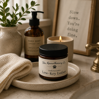 Low-Key Lotion - Unscented Moisturizer for Sensitive Skin in a bathroom setting with soap and towel.