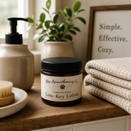 Low-Key Lotion - Unscented Moisturizer for Sensitive Skin displayed on a wooden surface next to a brush and towels.