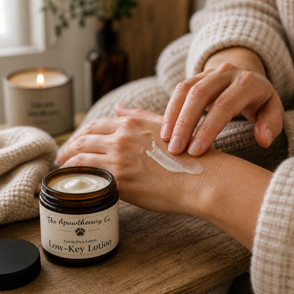 Low-Key Lotion - Unscented Moisturizer for Sensitive Skin applied to hand next to candle and cozy textiles.