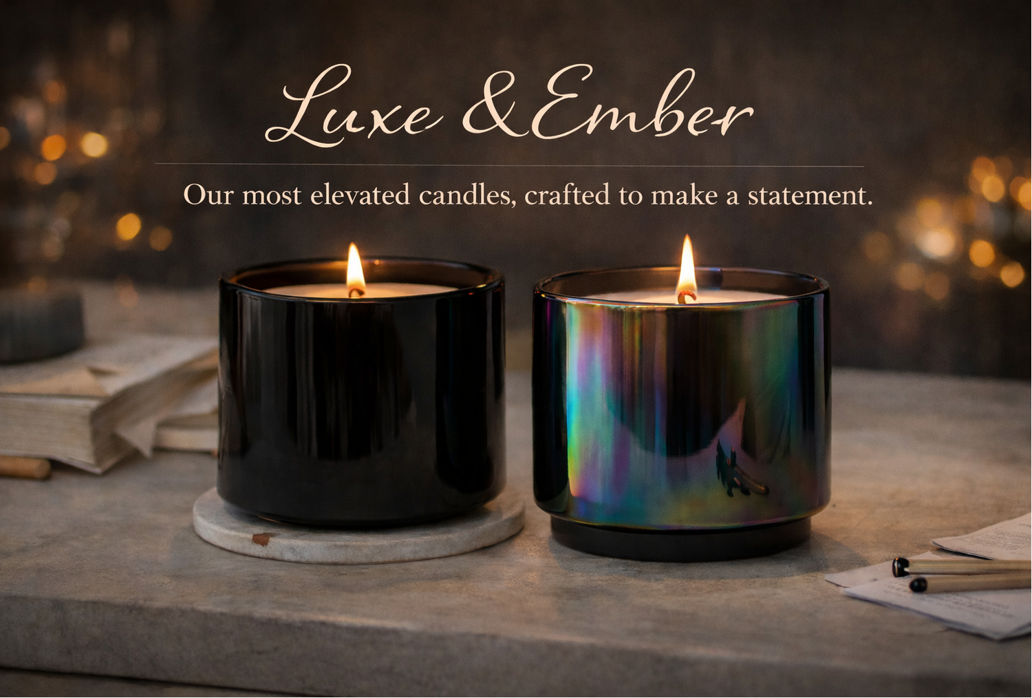 Two lit candles in black containers on a stone surface with 'Luxe & Ember' branding.