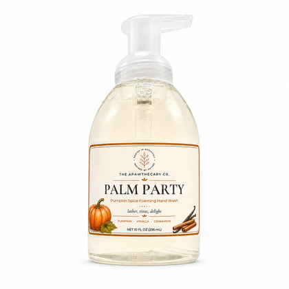 A bottle of The Apothecary Co. Palm Party hand wash with a clear pump dispenser, showing the light yellow liquid inside.